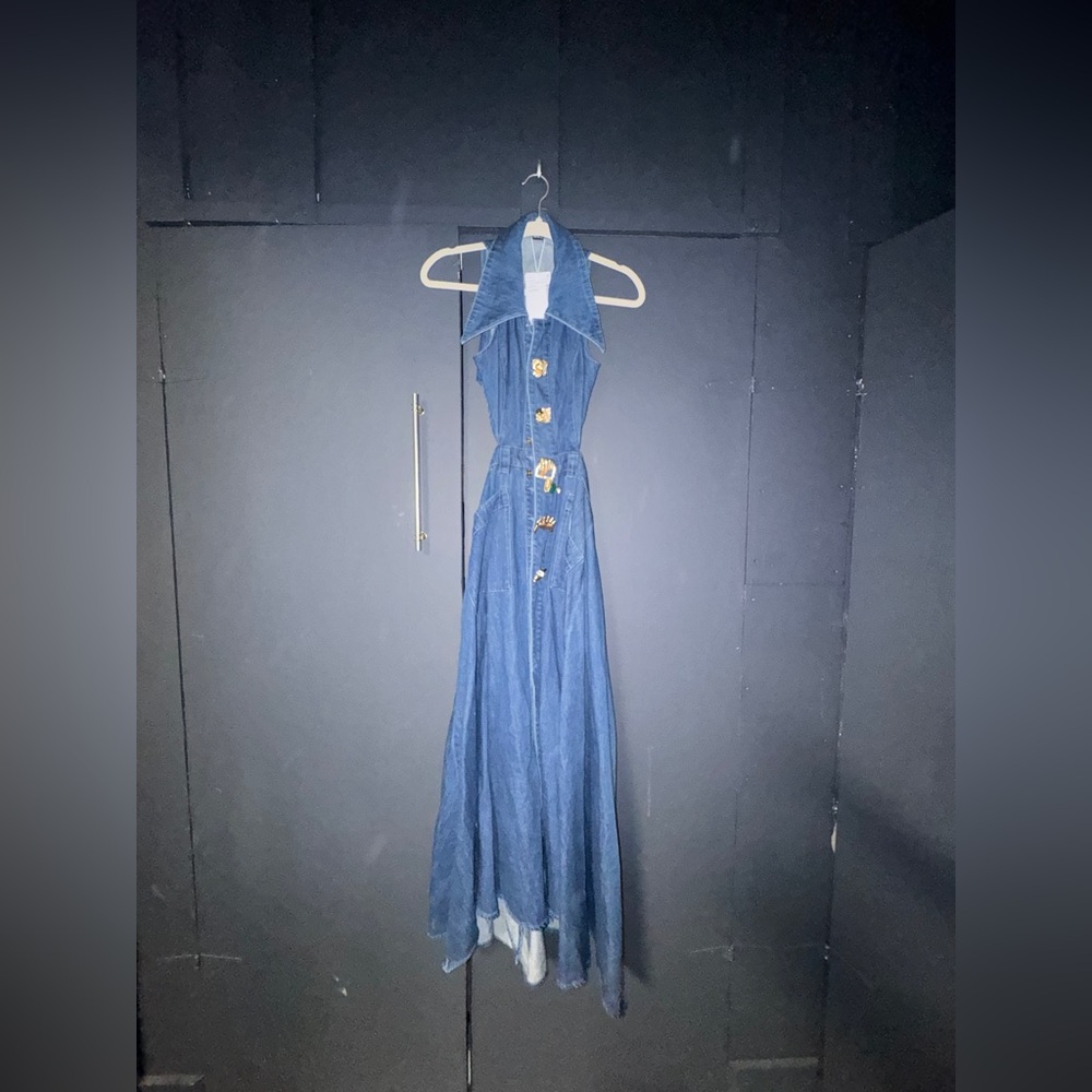 Amazon Dark Blue Denim Jumpsuit with Gold Accent Buttons - Picture 9 of 15